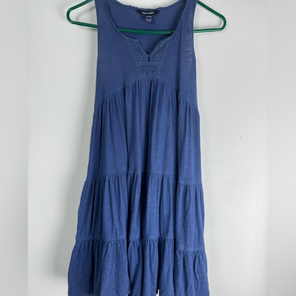 Ralph Lauren Girls Blue Cotton Tiered Dress Lace Trim Sleeveless L 12-14